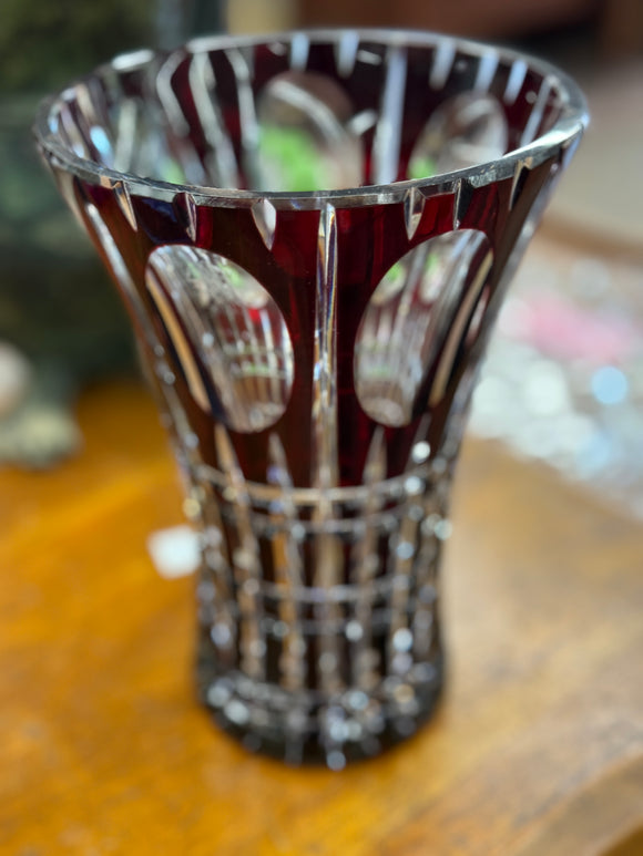 Vintage Bohemian Ruby Cut to Clear Vase