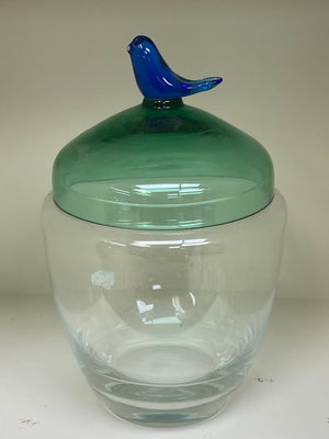 Crate & Barrel Glass Jar with Green Cover with Bluebird on Top