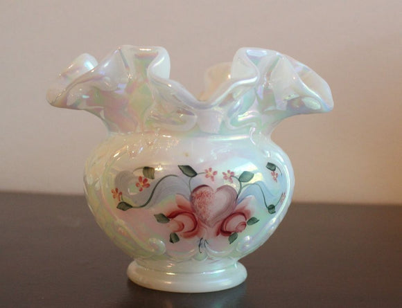 Fenton Vase White Irridescent with Ruffled Top